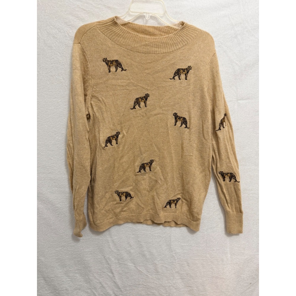 Chicos Womens Beige Embroidered Leopard Cheetah Cashmere Blend Sweater Size 2 L